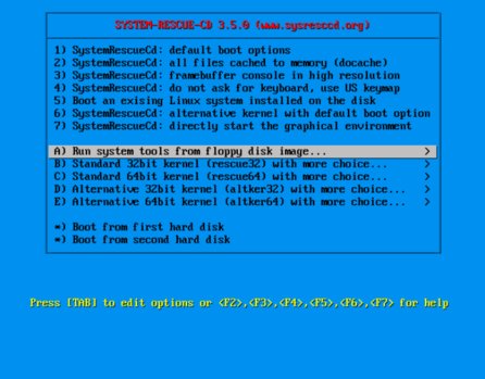 Spuštění DBAN přes SystemRescueCD – výběr při bootu
