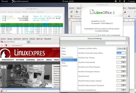 GNOME 3 se spuštěnými aplikacemi – htop v terminálu, LibreOffice 3, Iceweasel a pokročilá nastavení prostředí