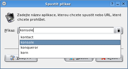 Dialog rychlého spuštění v KDE