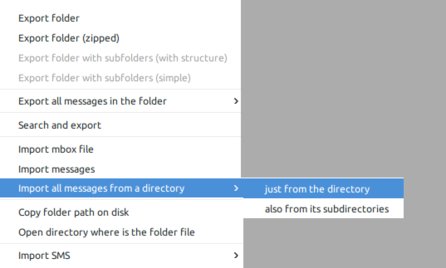 Kontextová nabídka pro import e-mailů – z jedné složky a z podsložek