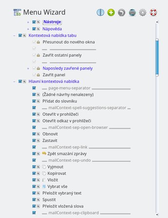 Rozbalené nabídky a podnabídky, dostupné pro úpravy v Menu Wizard