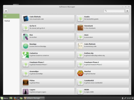 Nabídka aplikací k instalaci přes Flatpak v distribuci Linux Mint 18.3