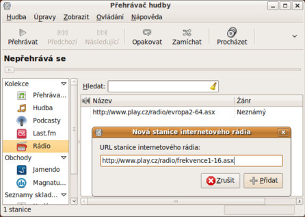 Přidání stanice v Rhythmboxu