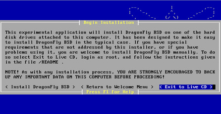 Textové okná inštalátora DragonFly BSD vás počas inštalácie budú držať pevne za ruku