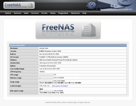 Úvodní přehledová tabulka FreeNAS