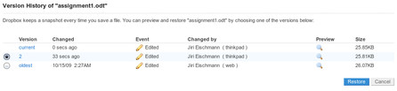 Dropbox uchovává i předchozí verze souboru