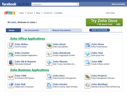 Aplikace Zoho pro Facebook