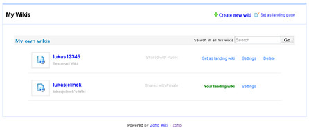 Zoho Wiki - seznam wikiwebů