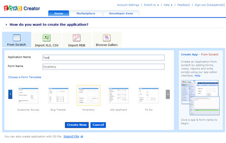 Zoho Creator - volba šablony pro novou databázi