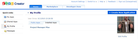 Zoho Creator - seznam aplikací nainstalovaných do uživatelského profilu
