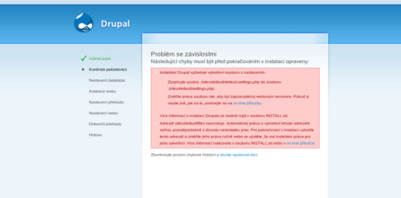 Upozornění, že jste zapomněli zkopírovat settings.php