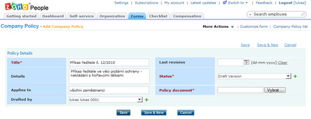 Zoho People – vložení vnitřního předpisu