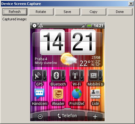 Device Screen Capture – Snímek obrazovky připojeného telefonu s operačním systémem Android