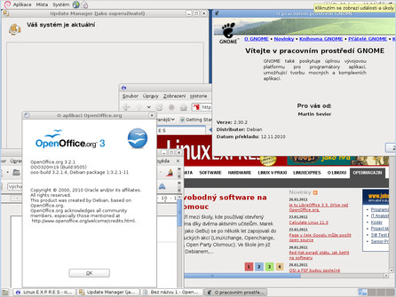 GNOME plné okének – vidět jsou informace o GNOME, OpenOffice.org, dál je spuštěný Update Manager a na pozadí i Iceweasel (přejmenovaný Mozilla Firefox)
