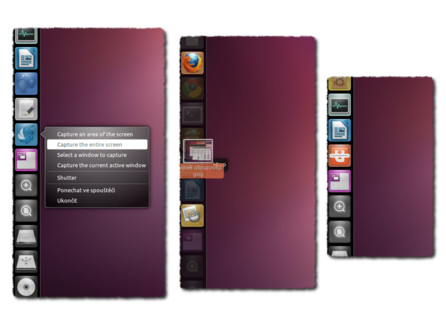 Zleva: Nabídka Quicklist u Shutteru, otevírání souborů přetažením na Launcher a ukazatel průběhu u Ubuntu One