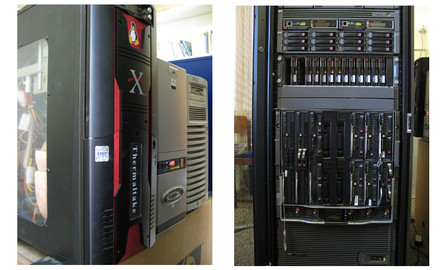 Serverová infraštruktúra samozrejme prebiehala postupnými upgradmi, vľavo server, na ktorom bežal ISS, vpravo v súčasnosti používaný HP Blade c7000