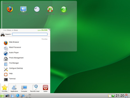 Hlavní menu openSUSE 11.1, KDE4