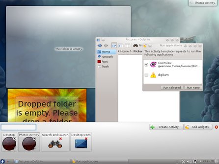 KDE prichádza s vylepšeným rozhraním pre aktivity. Napríklad pri voľbe Photos sa automaticky otvorí Gwenview a na plochu sa pridá zložka Obrázky