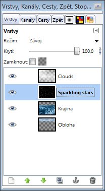 Panel Vrstvy po aplikaci filtru Stars in the sky – změňte prolnutí vrstvy na Závoj