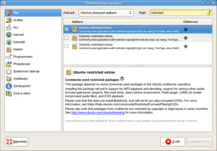 Ubuntu-restricted-extras - balík kodeků pro distribuci Ubuntu