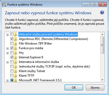 Okno ovládacího panelu Funkce systému Windows