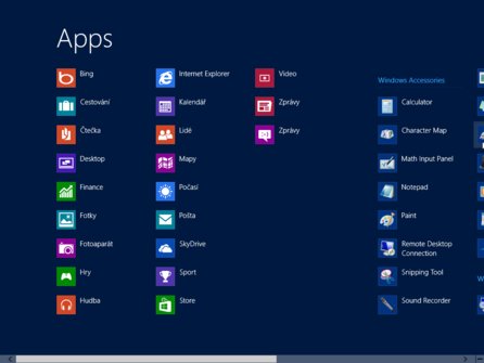Nabídka aplikací ve Windows 8