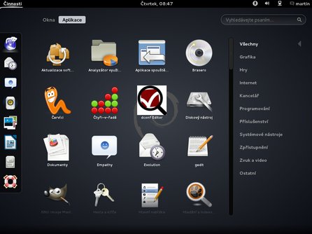 Aplikace v GNOME 3 s možností jejich vyhledávání (vpravo nahoře)