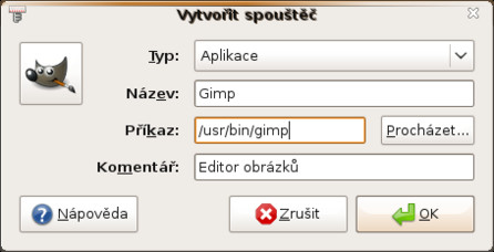 Vytvoření spouštěče programu GIMP (Ubuntu 8.10)
