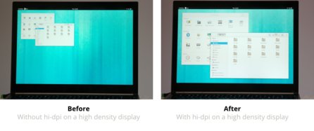 GNOME na monitoru s vysokým rozlišením před a po (foto © David King, CC-BY 3.0)