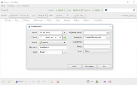 Přidání nové transakce