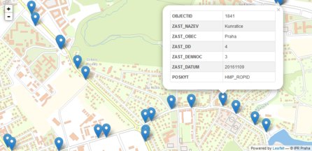 Mapa zastávek MHD vygenerovaná z dat