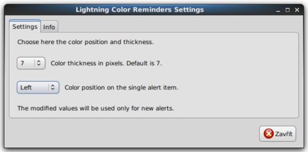 Okno pro úpravu možností doplňku Lightning Colors Reminder