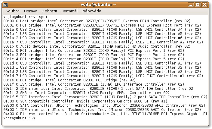 Informace o PCI zařízeních poskytnuté nástrojem lspci