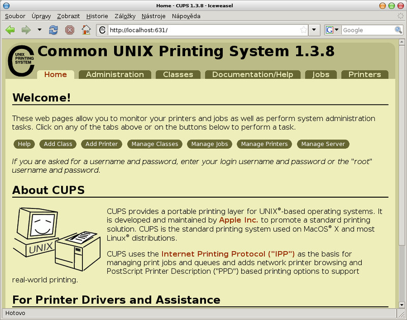 Webové rozhraní CUPS běžící na portu 631