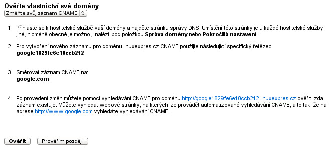 Instrukce o DNS záznamu pro ověření