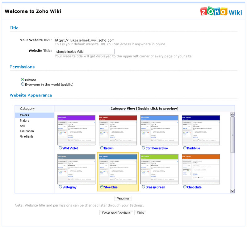 Zoho Wiki - úvodní obrazovka, výběr vzhledu