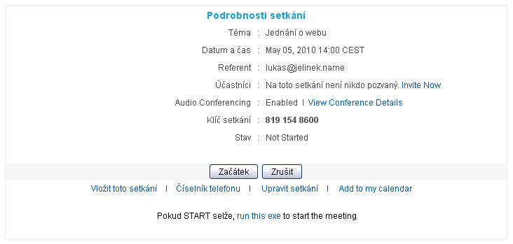 Zoho Meeting - podrobnosti setkání