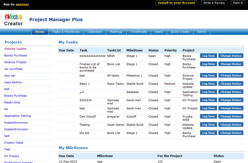 Zoho Marketplace - ukázka aplikace Project Manager Plus