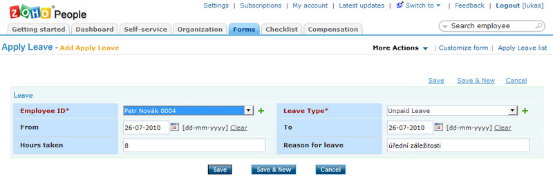 Zoho People – žádost o poskytnutí pracovního volna