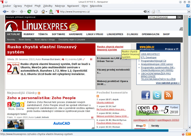 Úvodní stárnka LinuxEXPRESu vykreslená pomocí KHTML