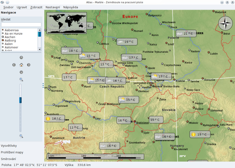 Počasí zobrazené na mapě programu Marble