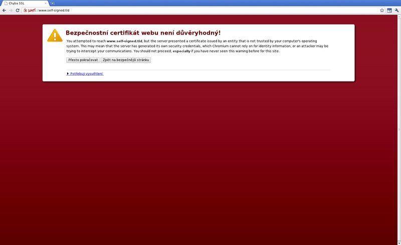 Reakce prohlížeče Google Chrome na self-signed certifikát