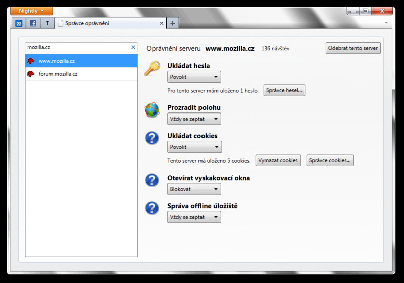 Mozilla Firefox 6 – Správce oprávnění﻿