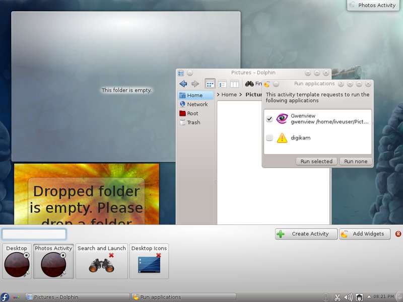 KDE prichádza s vylepšeným rozhraním pre aktivity. Napríklad pri voľbe Photos sa automaticky otvorí Gwenview a na plochu sa prid