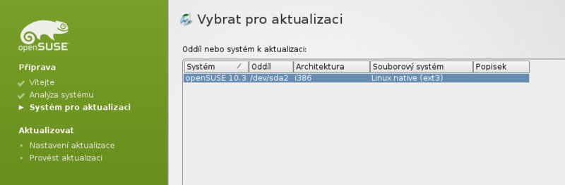 Výběr nainstalovaného systému k upgradu