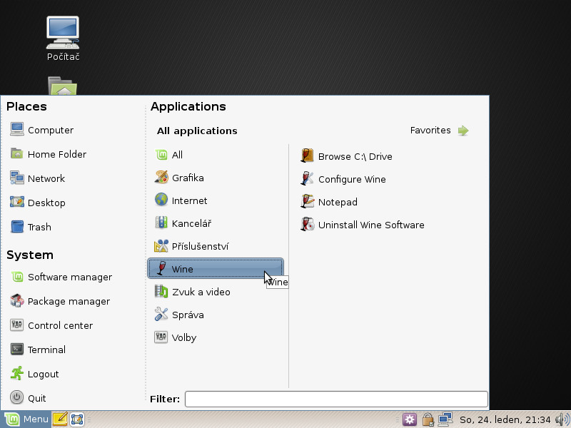 Nabídka Wine v distribuci Linux Mint 6 Felicia