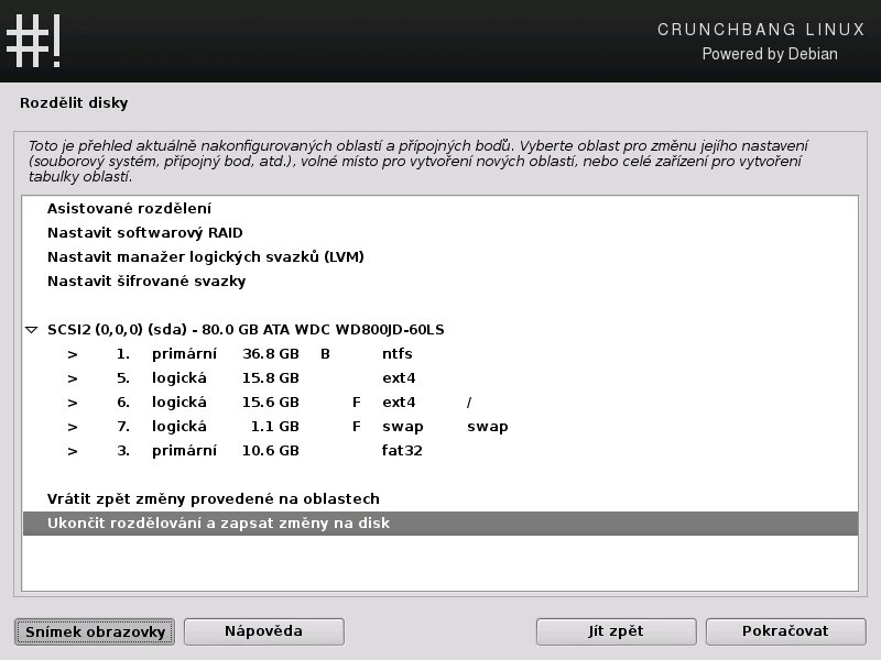 Při dělení disku prostřednictvím instalačního procesu Crunchbang je nutné dbát zvýšené opatrnosti