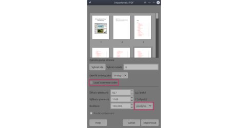 Import PDF souboru s možností obrácení pořadí stránek a nastavení rozlišení v palcích