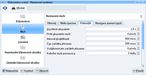 Podrobné volby pro nastavení myši