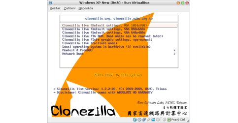 Úvodní obrazovky CD Clonezilla
